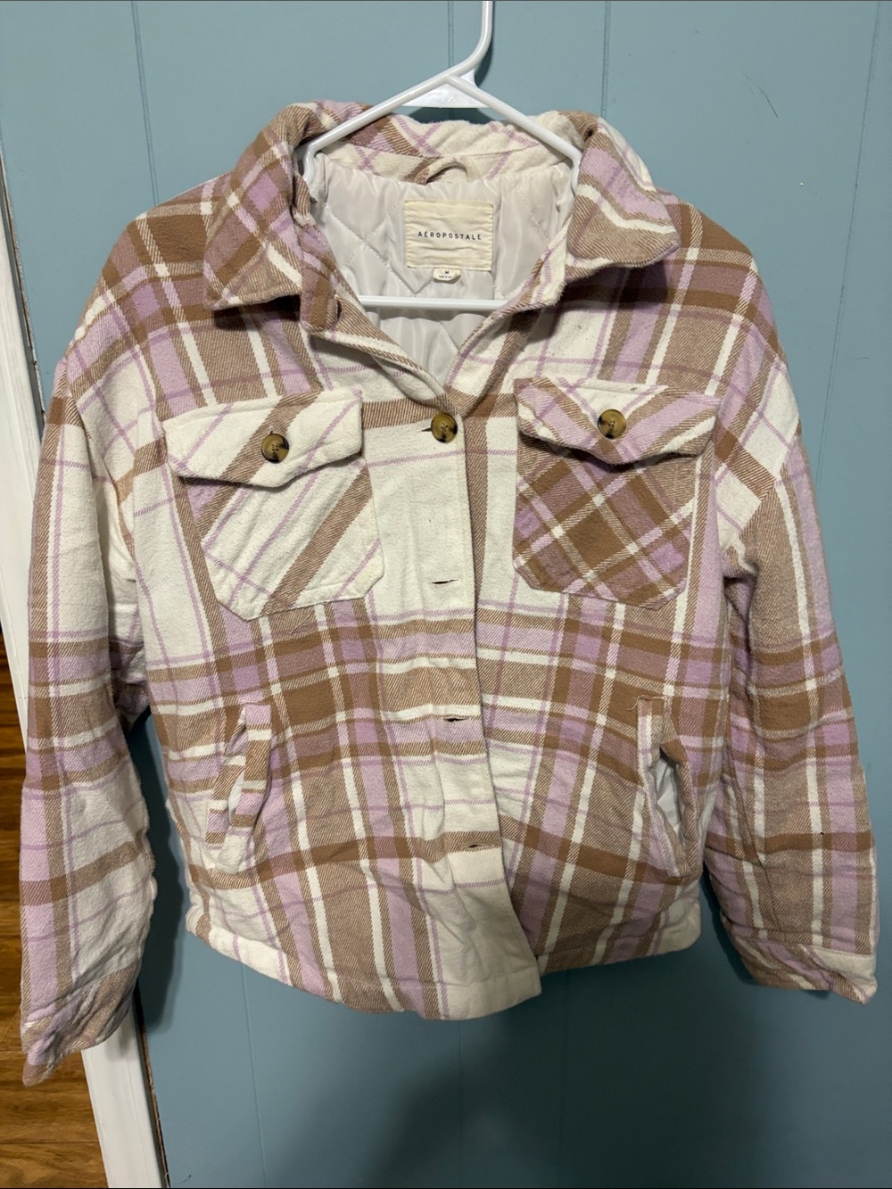 Aeropostale Girls' Plaid Quilted Jacket - Cream, Brown & Pink